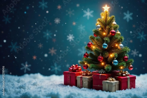 Presents under a colorful Christmas tree with ornaments and lights, decorations, Christmas tree, winter