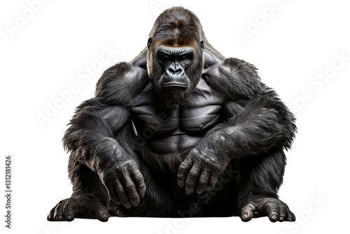 A majestic male gorilla sitting in a serene pose, showcasing its powerful build and expressive gaze against a white background.