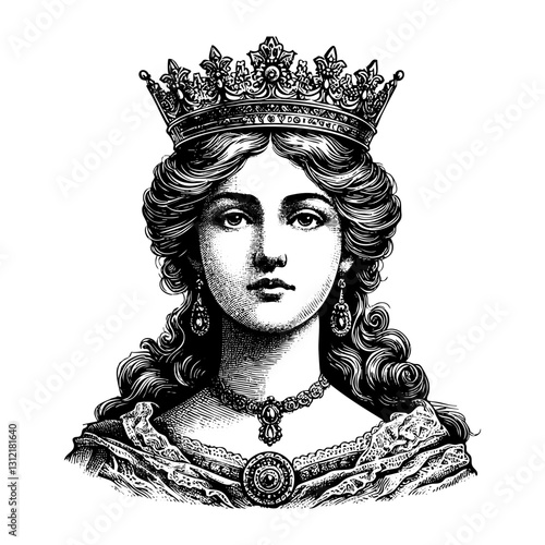 queen wear crown sketch engraving black and white outline. Scratch board imitation.
