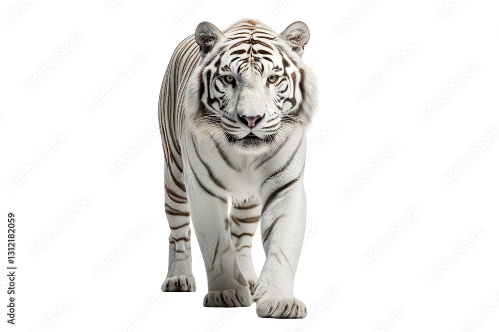 Obraz premium Majestic white tiger walking gracefully against a clean white backdrop.