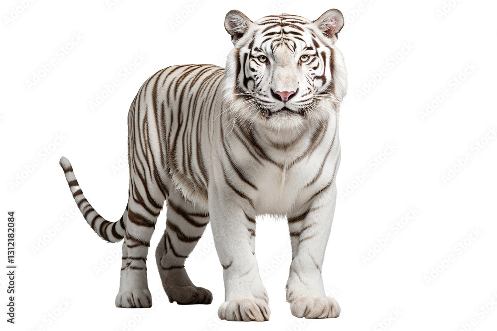 Fototapeta premium A majestic white tiger stands confidently, showcasing its striking black stripes and captivating blue eyes.