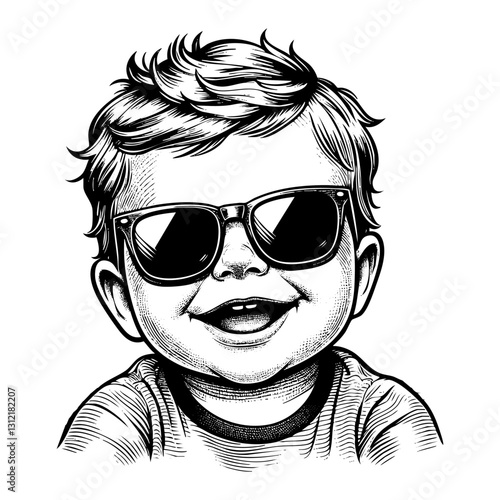 Baby boy wear sunglasses sketch engraving black and white outline. Scratch board imitation.