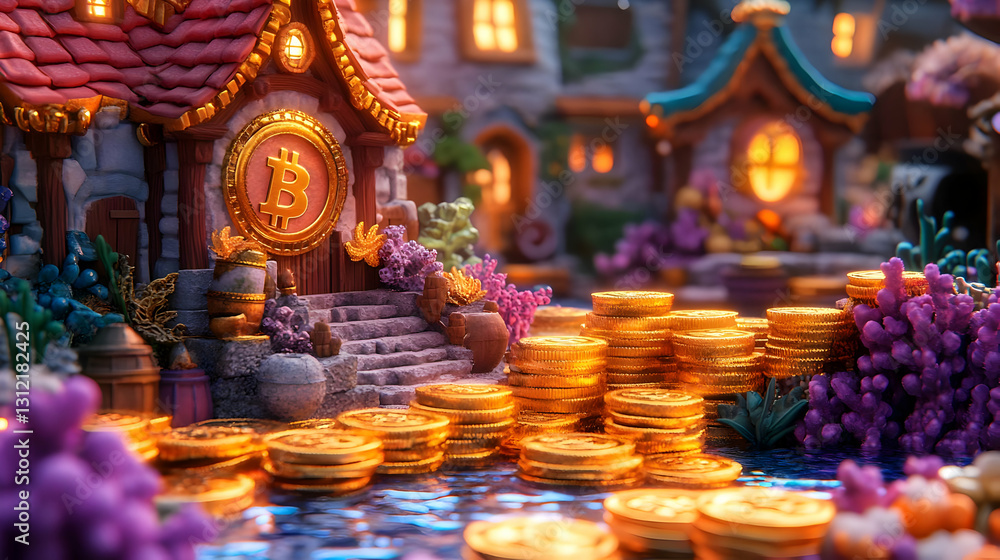 Fototapeta premium Fantasy Village with Gold Bitcoin Coins at Night