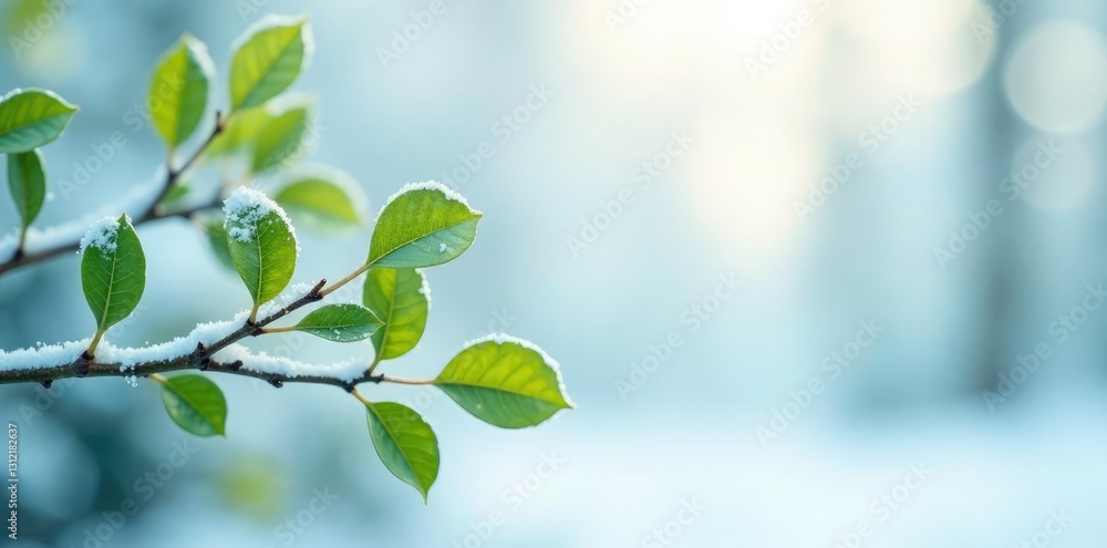 Delicate branches with green leaves on a snowy white background, wintery tones, forest elements, frosty morning Delicate branches with green leaves on a snowy white background, wintery tones, forest elements, frosty morning