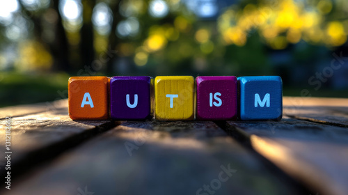 Colorful alphabet blocks spelling autism lying on wooden background, highlighting neurodiversity and visual representation of autism awareness campaign