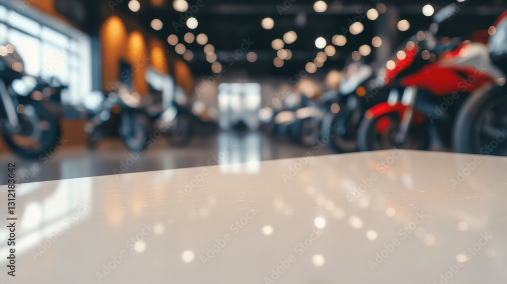 Obraz premium A white table with a blurred row of motorbikes in the background, offering a clean, minimalistic foreground contrasted against a dynamic and out-of-focus background of sleek motorbikes.