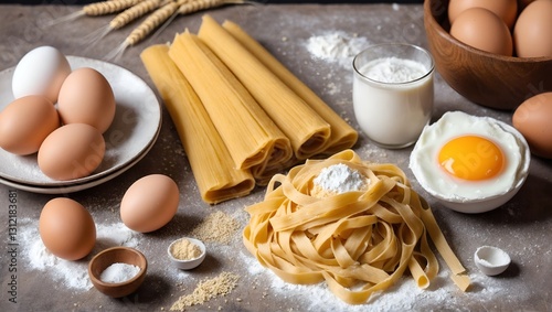 Making pasta with flour and eggs, ingredients on table. Cooking concept.