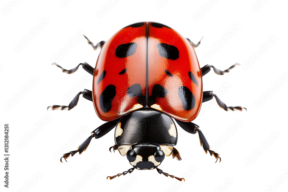 Naklejka premium A close-up view of a vibrant red ladybug with black spots, showcasing its distinct features and glossy texture.
