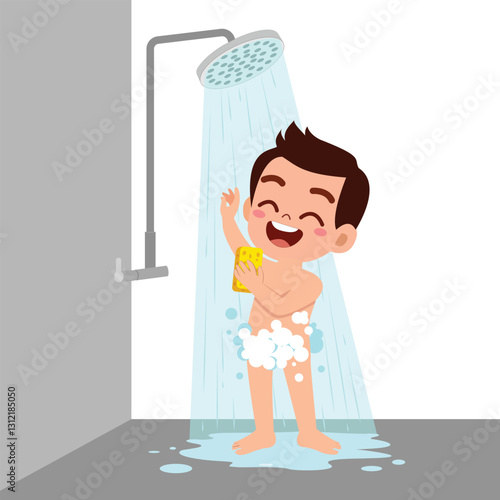 kid bathing under shower and body cleaning soap
