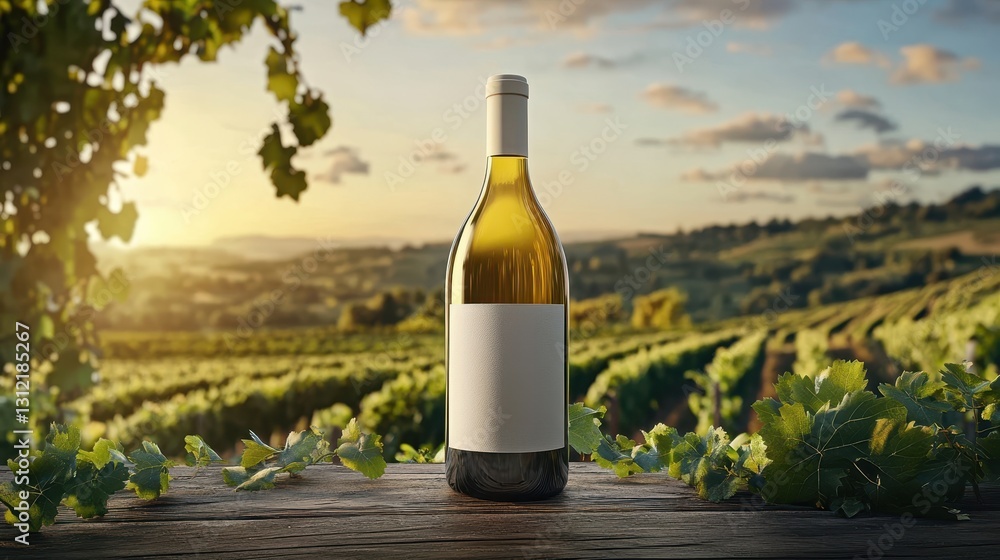 Fototapeta premium A white wine bottle mockup set against a picturesque vineyard landscape bathed in sunshine.