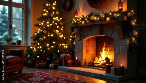 Wallpaper Mural Twinkling fairy lights and evergreen garlands around the fireplace, winter decorations, holiday decorating Torontodigital.ca