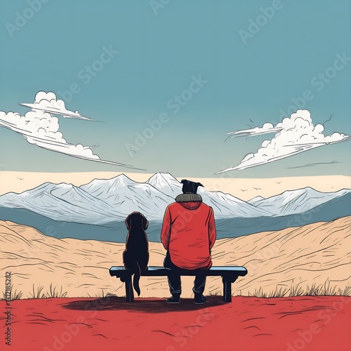 Rear view of man and his dog looking at lake sea water. Generative AI