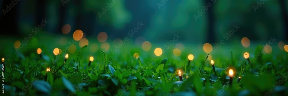 Obraz premium Twinkling fairy lights in a lush green meadow at night, meadow, fairy lights