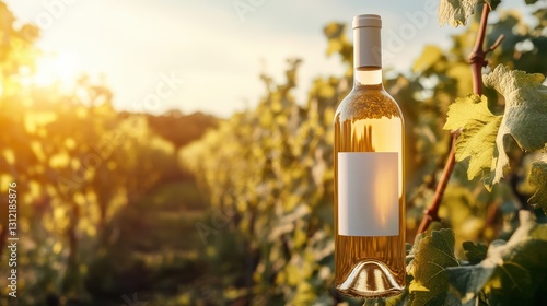 A white wine bottle mockup set against a picturesque vineyard landscape bathed in sunshine. photo