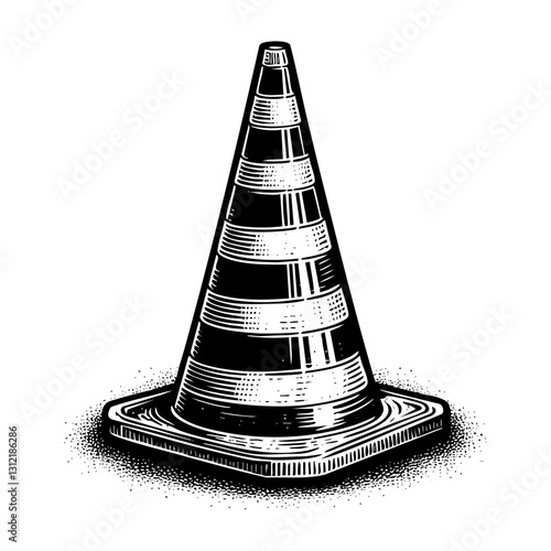 Traffic cone sketch engraving black and white outline. Scratch board imitation.