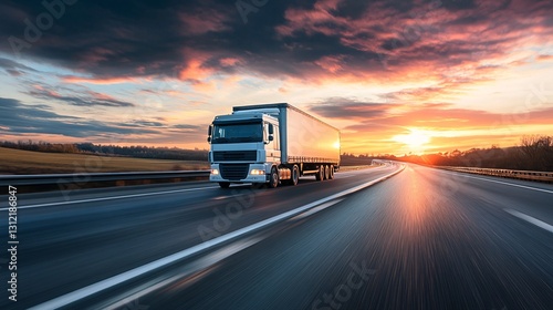 Fast Moving Truck on Empty Highway During Stunning Sunset Sky