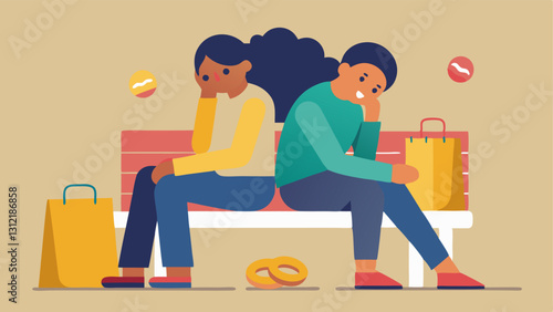 Two exhausted friends are leaning back on a bench their shopping bags spilling over the sides with one of them holding a halfeaten pretzel.
