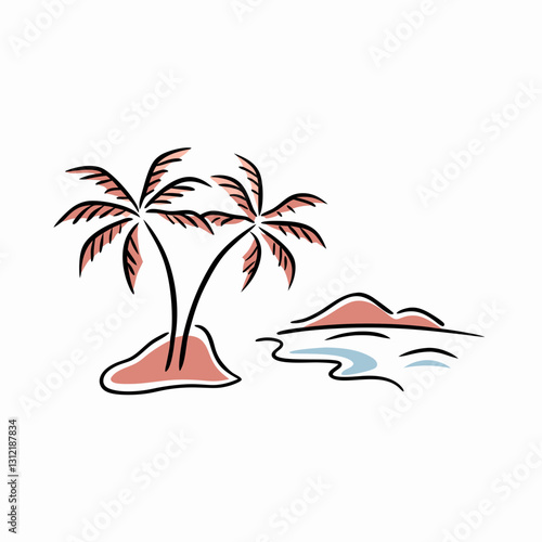 Palm trees on sandy beach with distant hills