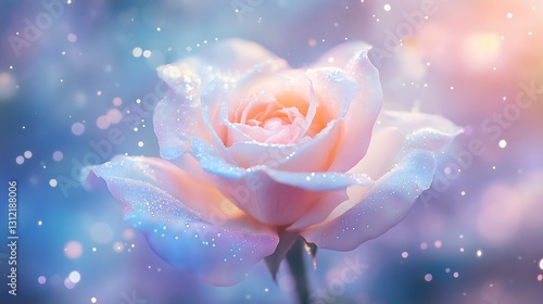 Delicate rose with petals infused with a soft cosmic glow, shimmering blues and purples blending into the soft-focus background, floating tiny sparkles adding a whimsical touch, fantasy botanical phot