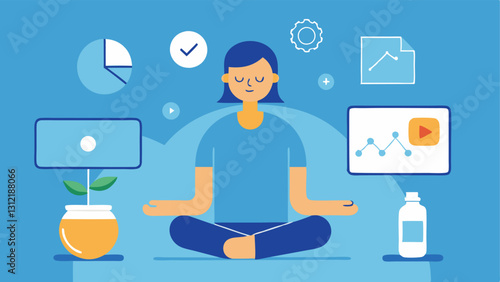 Wellness Tips A vector scene of a virtual assistant character offering lifestyle tips like hydration and stress management through an engaging multimedia platform.