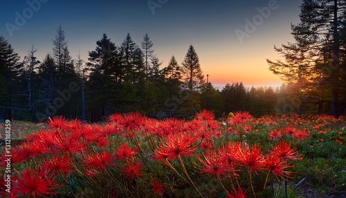 Red flowers with long petals blooming in a forest setting during twilight with blurred background 