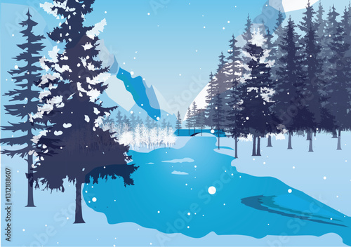 Winter landscape with snow and pines