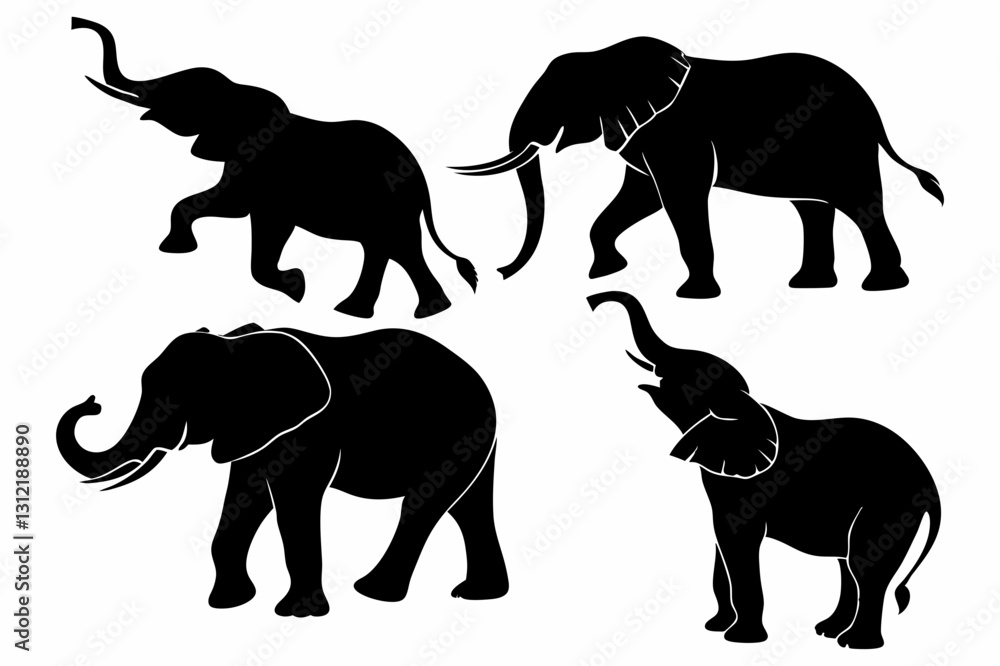 Naklejka premium Elephant Silhouette Set – Black Elephant Vector Illustrations in Various Poses for Wildlife and Safari Designs