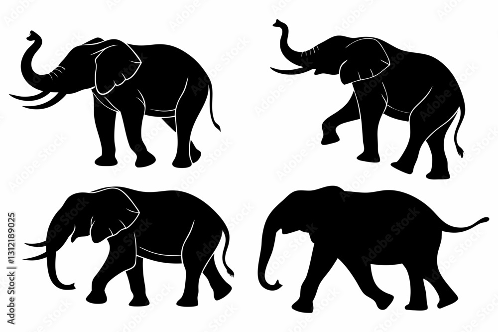 Obraz premium Elephant Silhouette Set – Black Elephant Vector Illustrations in Various Poses for Wildlife and Safari Designs