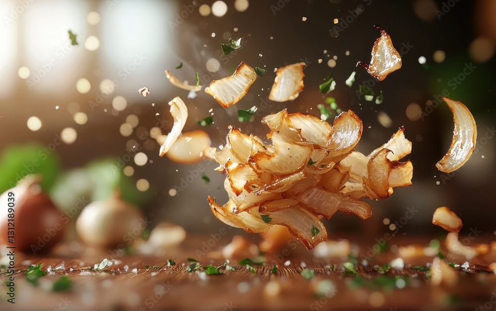Floating sautÃ?ed onions on a blurred rustic dinner table background Floating sautÃ?ed onions on a blurred rustic dinner table background