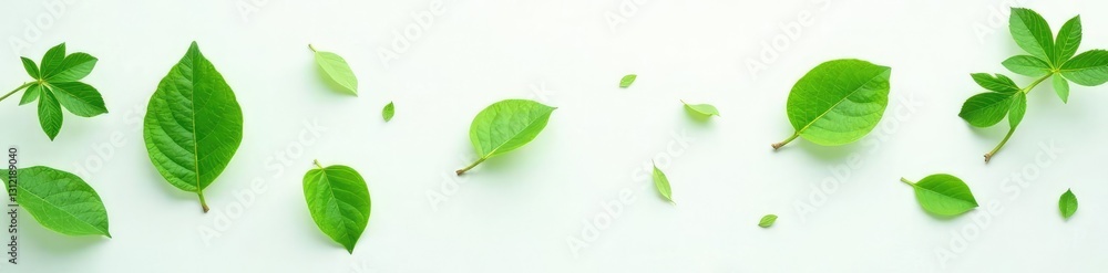 Green leaves scattered on a pristine white surface, white background, nature, plant life Green leaves scattered on a pristine white surface, white background, nature, plant life