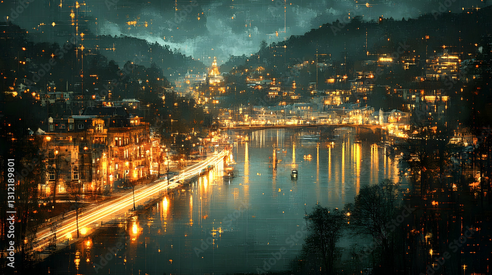 Fototapeta premium Night cityscape river glowing lights