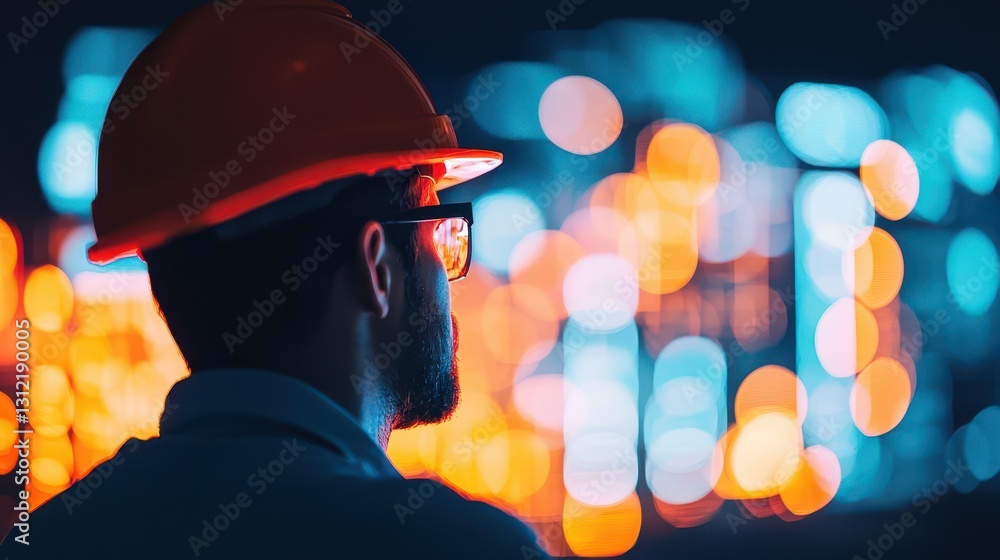 Worker in Safety Gear Observing Urban Nightscape Lights Worker in Safety Gear Observing Urban Nightscape Lights