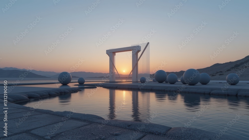 Modern Geometric Sculpture Reflecting Sunset Over Still Water in a Serene Landscape Modern Geometric Sculpture Reflecting Sunset Over Still Water in a Serene Landscape