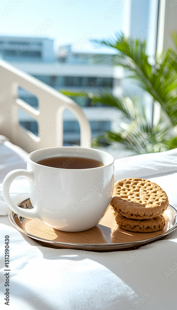 Coffee & cookies on tray by window. Modern building in the background Coffee & cookies on tray by window. Modern building in the background