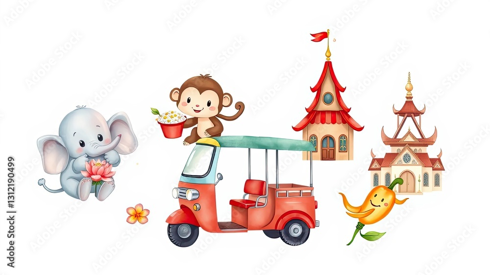 Fototapeta premium Cute Asian Animals Tuk Tuk Temple Illustration
