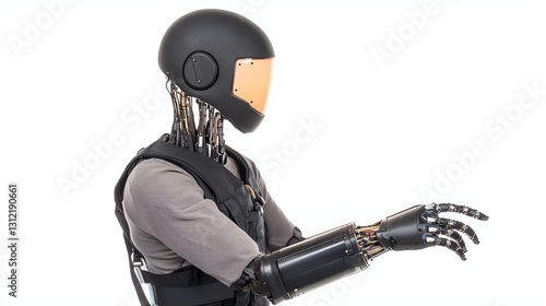 A futuristic humanoid robot with a sleek design, featuring articulated limbs and a featureless helmet. The robot stands in a dynamic pose against a white background.