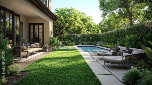 A luxurious outdoor space with a pool and patio