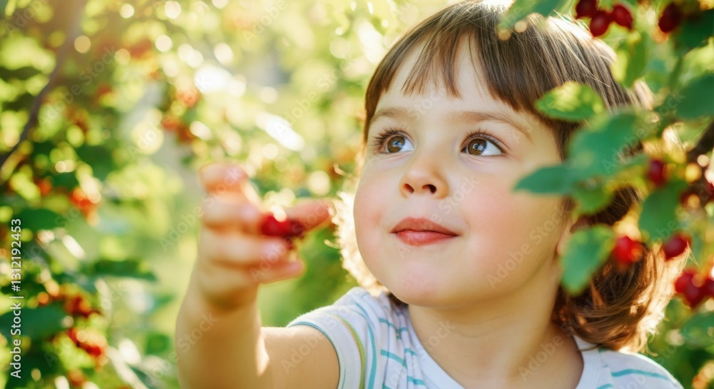 Young caucasian child picking berries in lush garden on a sunny day Young caucasian child picking berries in lush garden on a sunny day