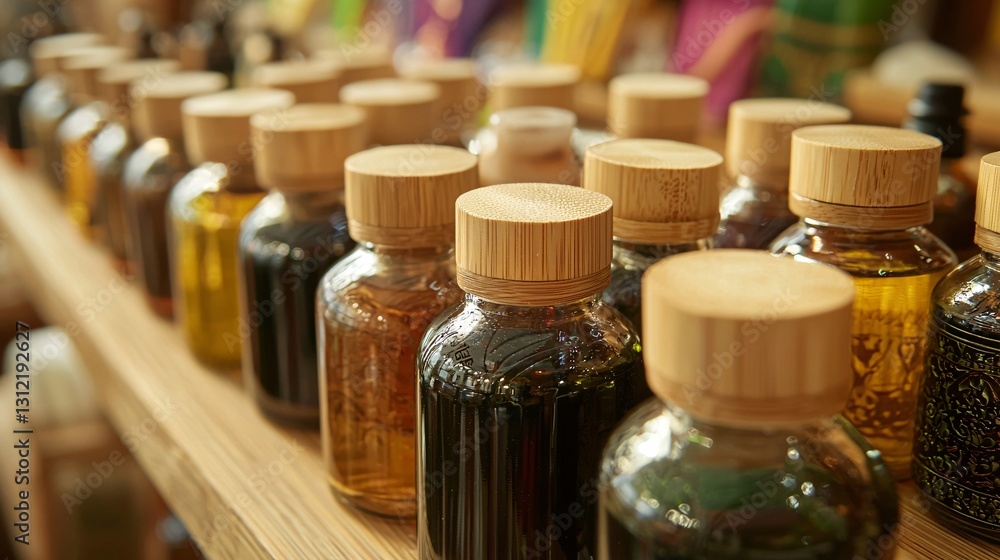Glass Bottles of Essential Oils Displayed on Wooden Shelf Glass Bottles of Essential Oils Displayed on Wooden Shelf