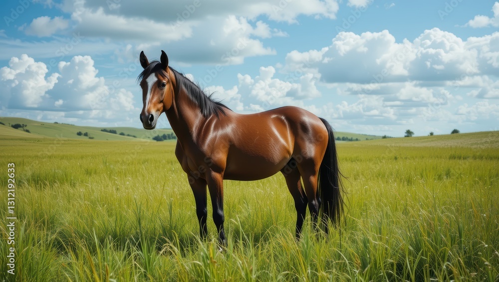 Majestic Brown Horse Standing in a Lush Green Pasture Under a Bright Blue Sky with Fluffy Clouds Majestic Brown Horse Standing in a Lush Green Pasture Under a Bright Blue Sky with Fluffy Clouds