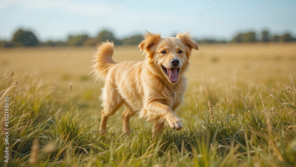 Playful Golden Dog Running Through a Sunlit Field of Tall Grass on a Clear Day Playful Golden Dog Running Through a Sunlit Field of Tall Grass on a Clear Day