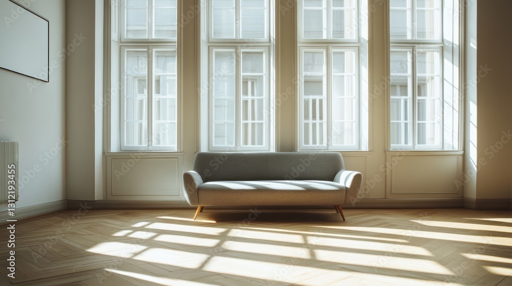 Fototapeta premium Empty room with sofa and sunlight streaming through large windows. Ideal for interior design