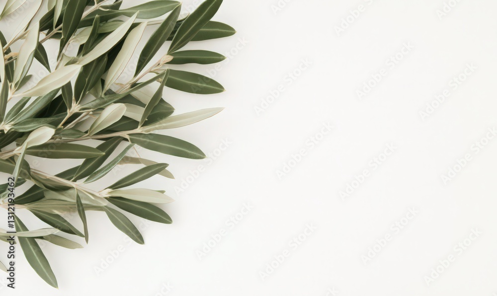 Fototapeta premium Green Olive Branches on White Background