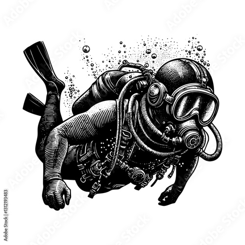 Scuba diving sketch engraving black and white outline. Scratch board imitation.