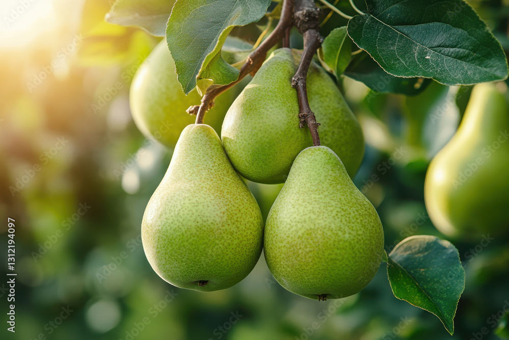 Three pears hanging from a tree branch, ready for picking. Three pears hanging from a tree branch, ready for picking.
