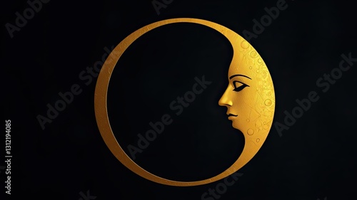 Golden Crescent Moon Art Deco Face Luxury Design Mystical Elegant