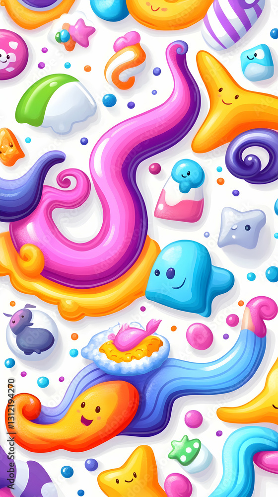 Colorful, cheerful shapes with happy faces floating on a white background Colorful, cheerful shapes with happy faces floating on a white background