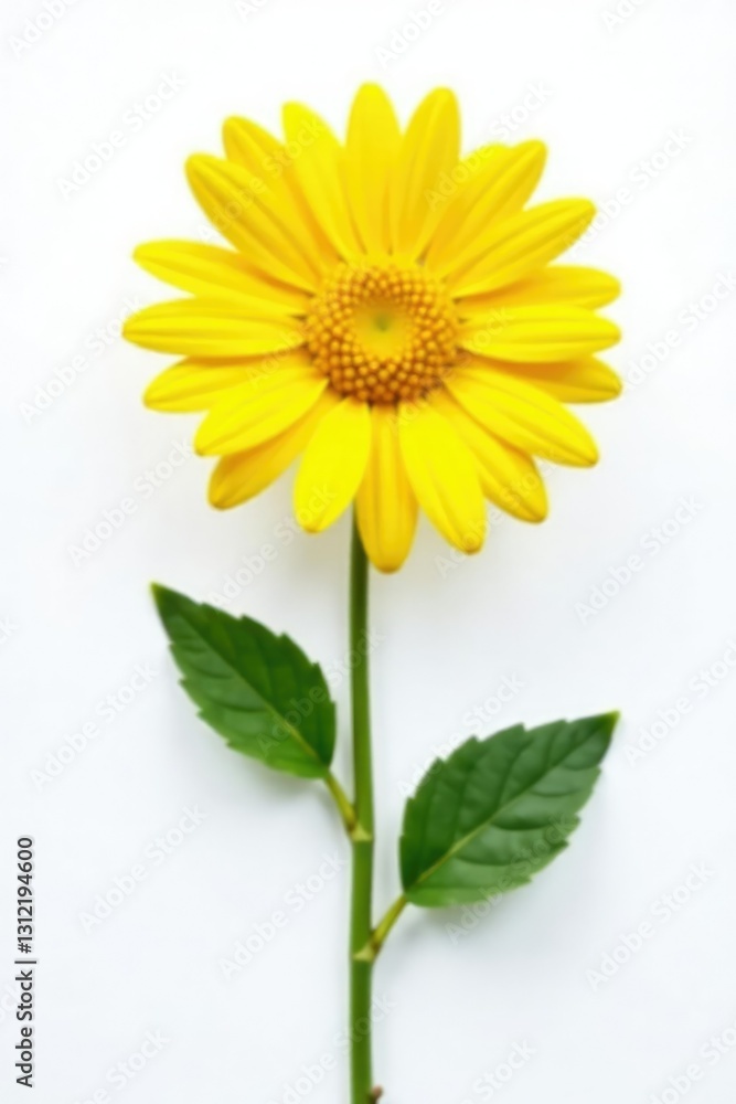 Obraz premium Single daisy on white background with stem and leaves, yellow, sunflower, bright