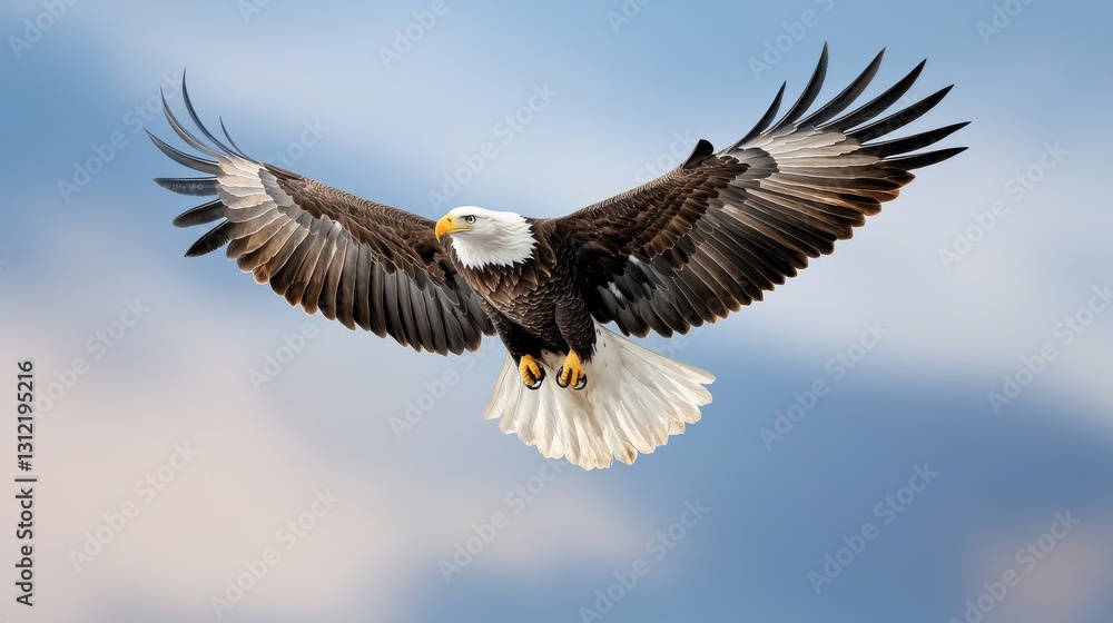 Obraz premium Majestic Bald Eagle Soaring in Flight Against a Blue Sky, Freedom and Strength Symbol