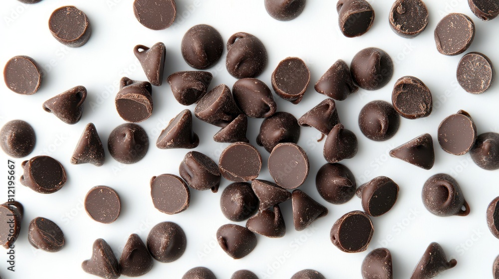 Close-up of scattered chocolate chips on a white background, showcasing their rich, dark texture and glossy sheen. Close-up of scattered chocolate chips on a white background, showcasing their rich, dark texture and glossy sheen.